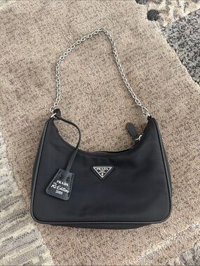 Prada Black Nylon Mini Shoulder Bag with Silver Chain